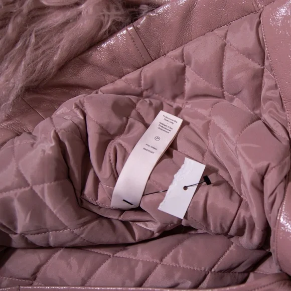 Cinq A Sept Blair Mongolian Lamb Trim Tie Waist Patent Coat Jacket Salt Pink XXS - Picture 3 of 4